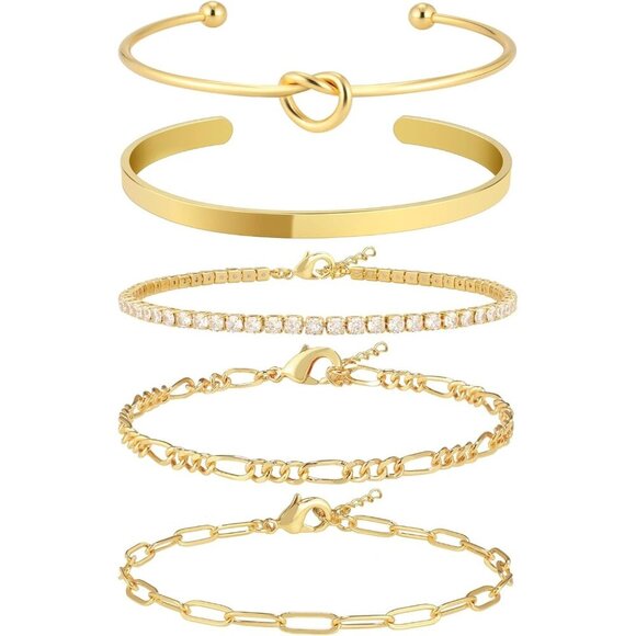 14K Real Gold-D Plated Bangle Cuff Non Tarnish Trendy Stack Bracelets for Women - Picture 1 of 7